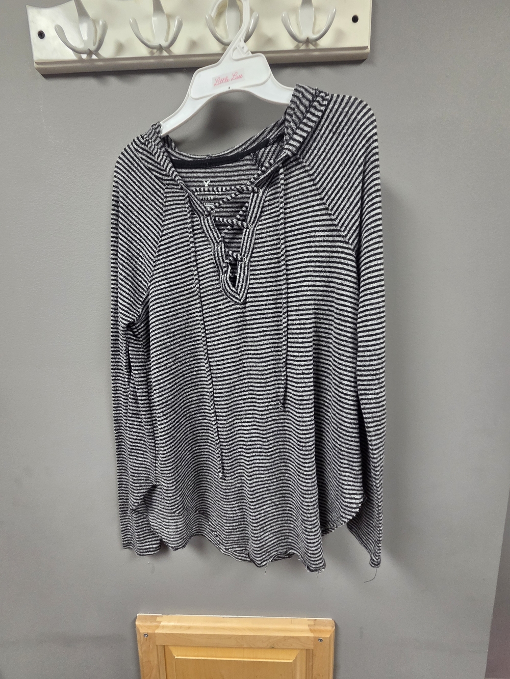 American Eagle Outfitters Black & White Striped Lace-Up Hoodie